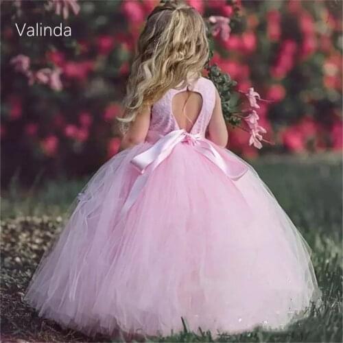 Pink Ball Gown Flower Girl Dresses with Sash Birthday Party Photography Dress for Girls