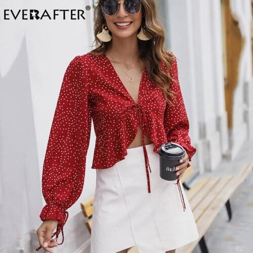 EVERAFTER Lace up polka dot blouse shirt women sexy v-neck petal sleeve ruffles female Autumn blouse tops holiday ladies blouses