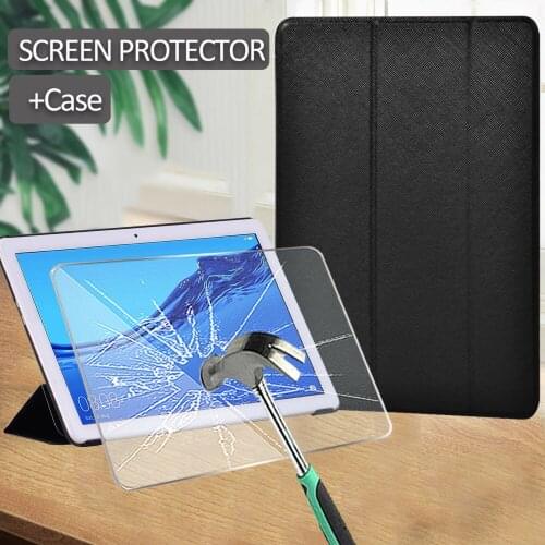 Tablet Case for Huawei MediaPad T3 10 9.6-inch/T5 10 10.1-inch Leather Trifold Stand Solid Color Cover + Tempered Film