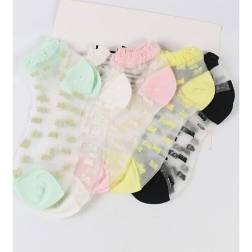DONG AI 5 Pairs Fashion Women Sheer Ultrathin Socks Summer Transparent Glitter Mesh Crystal Flower Elastic Lace Short Socks