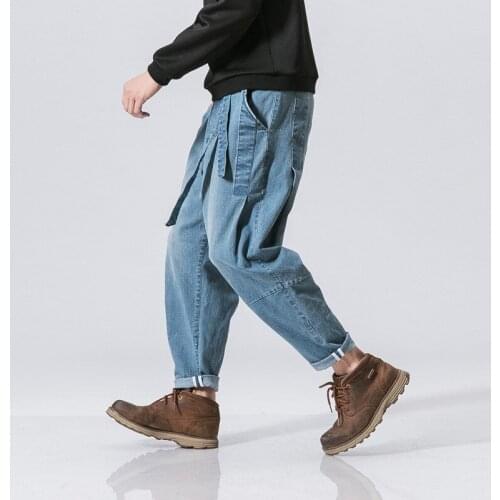 New Fashion Plus Size 5XL Men Denim Jeans Men Harem Jeans Pants Male Drawstring Belt Vintage Loose Joggers Trousers Autumn