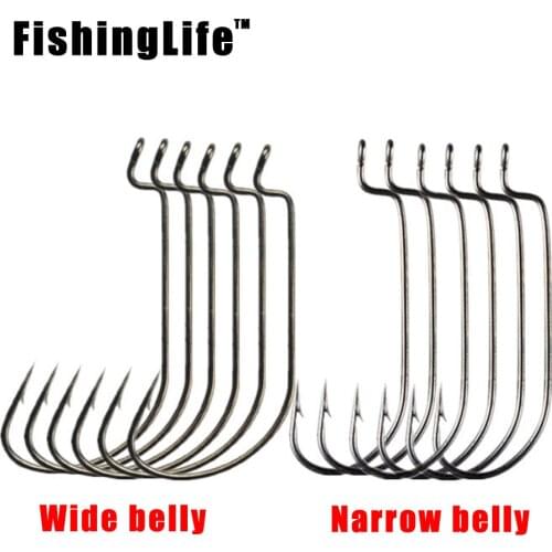FishingLife 20pcs Fishing Gear Soft Bug High Steel Carbon Bass Barbed Fishing Offset Hooks Wide Crank 5/0#-1# Wide Gap Hook