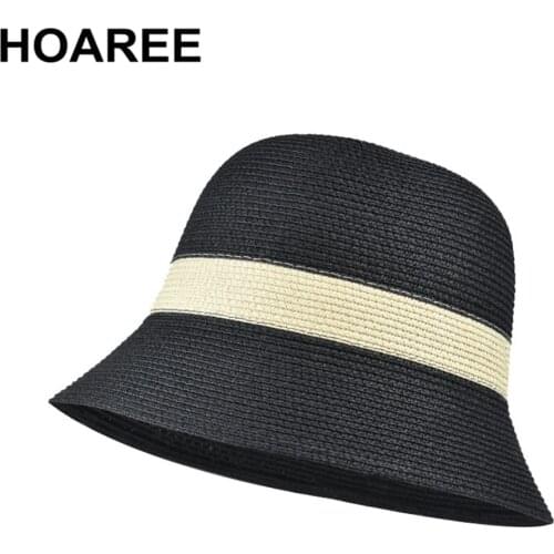 HOAREE Womens Sun Hat Black Straw Hat Womens Summer Hats Patchwork Sun Protection 2021 New Arrival Ladies Bucket Hat