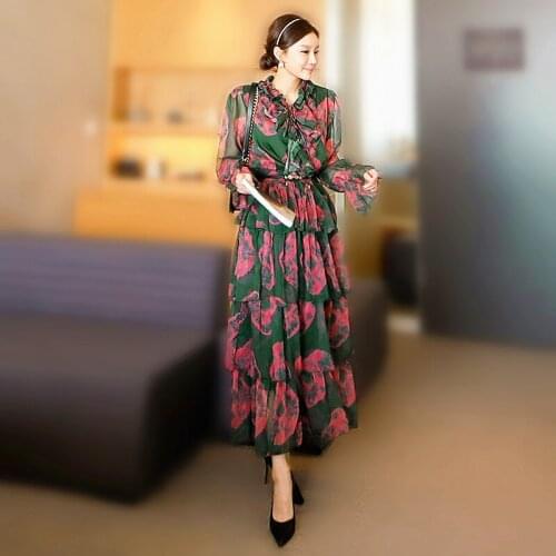 Korea Ladies Long Sleeve Floral Printed Party Dresses For Women Boho Style Woman Elegant Ruffles Dress Women Vestido Robe SL134