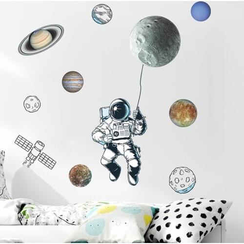 Cute Space Planet Wall Stickers For Kids Bedroom Decoration Wall Adhesive Paper Astronaut Home Decor Nursery Wall Art Mural Room