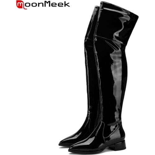 MoonMeek 2021 new over the knee boots pointed toe cow patent leather boots zip med heels classic autumn winter boots women