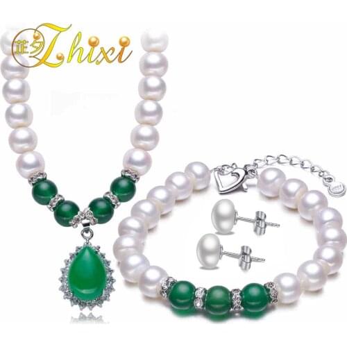 ZHIXI Cultured Freshwater Pearl Jewelry Sets for Women Green Jade White Pearl Necklace Bracelet Earrings Anniversary Gift T222