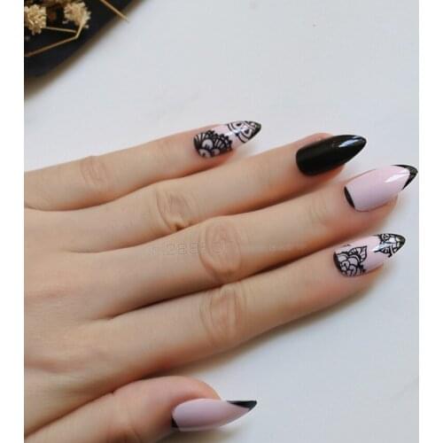 Lace pattern false nails point Pink black with Stickers press on fake nails 24pcs full sets red Natural match reuse paty nail