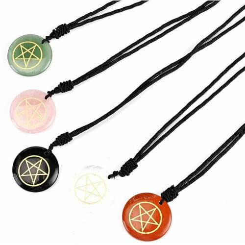 Natural crystal semi gem Healing Stone Round Pendant pentacle Design Jewelry Necklace