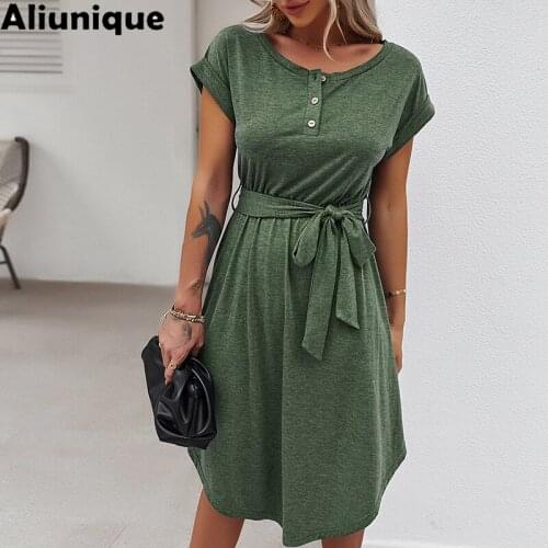 Aliunique New Trendy O-neck Short Sleeve Knitting Dress For Women 2021 Fashion Summer High Quality Beach Casual Lace Long Dress