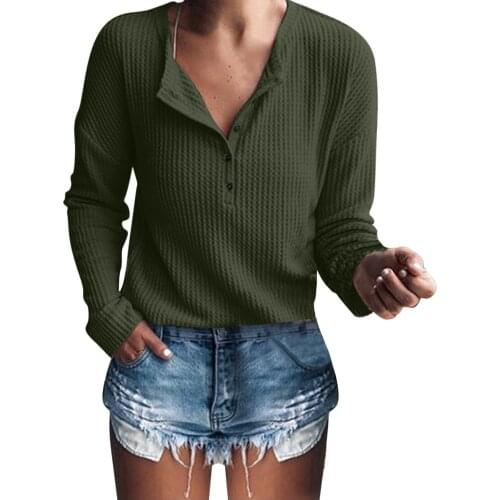 Women Clothing Autumn Basic Shirt Fashion Knit Tunic Tops Loose Long Sleeve Button Up V Neck Casual Shirts Tops рубашка женская