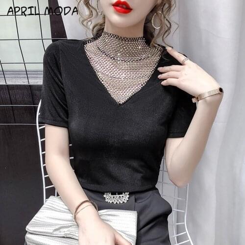 2020 Vintage New Women Diamond T Shirt Solid Color Slim And Simple T-shirts For Female Short Sleeve Leisure V Collar Tops TShirt