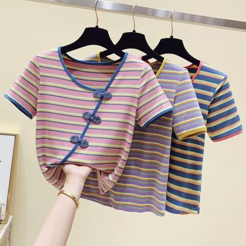 Gkfnmt 2021 Short Sleeve Chinese Style Striped V-Neck T Shirt Women Top Summer Cotton T-shirt Women Tee Shirt Femme Pink