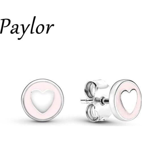 Paylor 2020 Silver Color Double Heart Shape Pink Enamel Romantic Stud Earrings For Women Wedding Jewelry Gift Dropshipping
