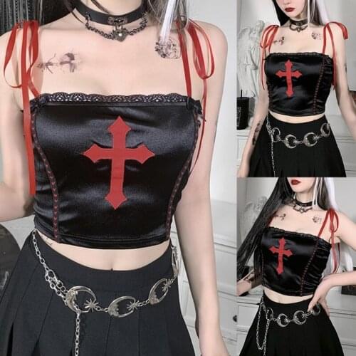 Women Gothic Punk Tie Up Strap Crop Top Harajuku Red Cross Embroidery Black Camisole Sexy Satin Slim Vest Shirt Summer Clubwear
