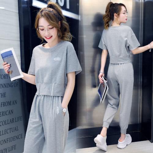 Womens Two-piece Summer Short-sleeved Sports and Leisure Suit Short Korean Loose T-shirt with Ankle-length Pants Two-piece New