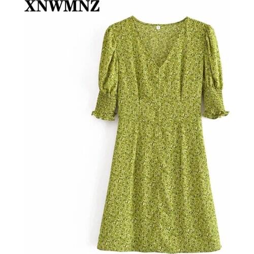 XNWMNZ V-Neck Short Sleeve Slim Dress Women Korean Style Elegant Fashion Print Party Leisure College Temperament Summer Vestidos