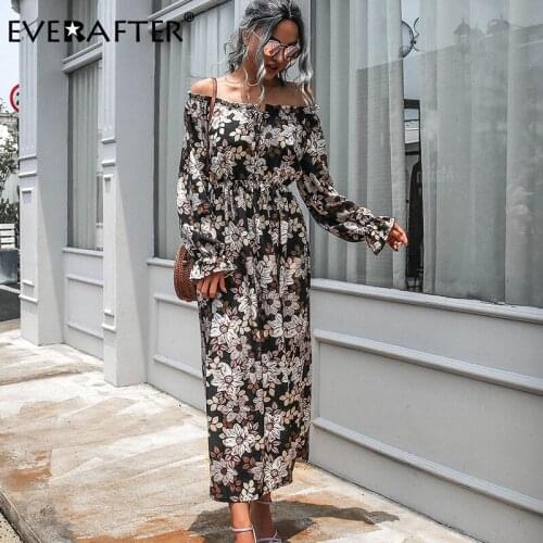 EVERAFTER Sexy off shoulder floral print womens dress high waist lace up autumn dress black 2020 holiday beach female dresses