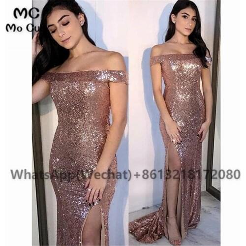 Brilliant Rose Gold Sequins Off the Shoulder Prom Evening Dress Side Slit Womens Evening Dress Sequined Prom Dress Customized