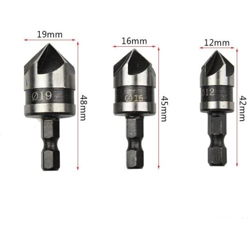 3Pcs/set 90 Degree 1/4 Hex Shank Countersink Drill Bit 5 Flute 12-19mm Woodworking Chamfer Counter Sink Chamfering Debur Too