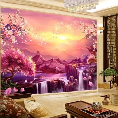 Romantic Floral 3d Wallpaper Peach Blossom Waterfall Beautiful Red Dreamland Landscape Print 3d Mural Wall Paper
