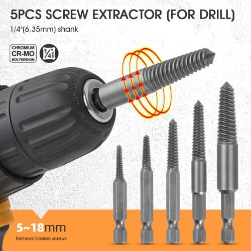 5pcs Damaged Screw Extractor Hex Shank Stripped Screw Remover For 5-18mm Broken Screw High Hardness Cr-Mo Steel For Power Tool
