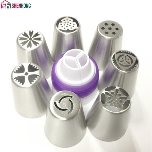 7PCS Cake Piping Tips + 1 Adaptor Converter Russian Decorating Nozzles Stainless Steel Icing Pastry Kitchen Accessories Tools