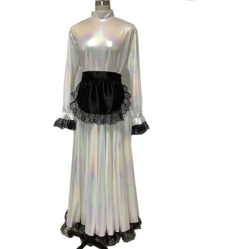 Sissy Maid Metallic Long Dress Puff Sleeve Laser Crossdresser Plus Size unisex Pleated Dress with Apron Female Cosplay Costume