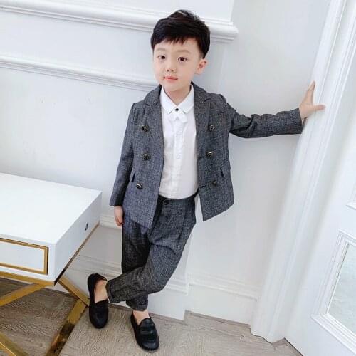 Flower Boys Double Breasted Blazer Jacket+Pants 2Pcs Clothing Set Gentleman Kids Formal Wedding Suit Children Performance Dress