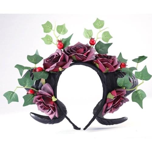 Handmade Sheep horn Headband Vintage Rose Leaves Hairband Accessory Demon Evil Gothic Lolita Cosplay Halloween Headpiece