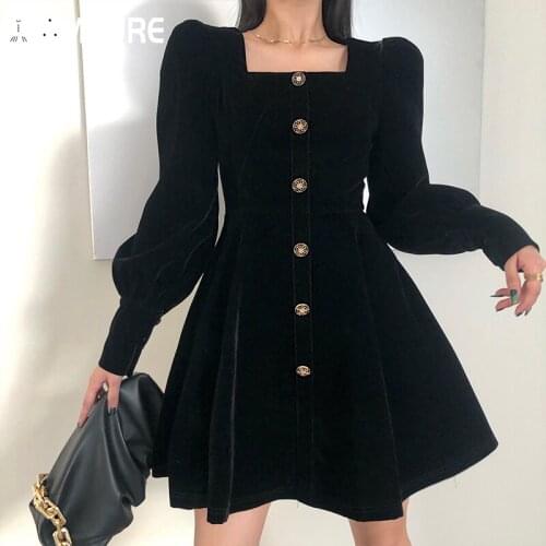 IAMSURE Women Vintage Velvet Dress Elegant Lady 2021 New Fashion Square Collar Long Puff Sleeve A-Line Dresses Winter Autumn 90S