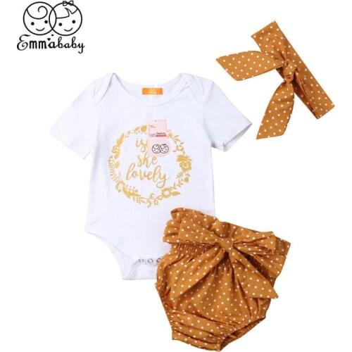 2019 Newborn Baby Girls Clothes Set Summer Toddler Kid Princess Outfit Lovely Bodysuit+Shorts+Headband Dot Panties Baby Set