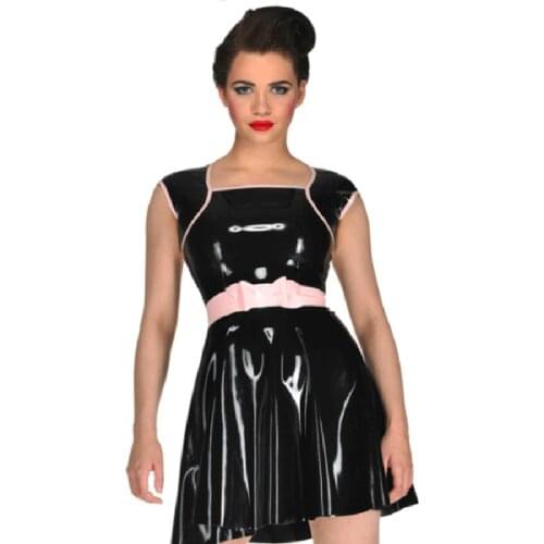 Sexy Short Sleeve Black Latex Dress Rubber Gowns Skirt with Belt Club Wear Customize Back Zip