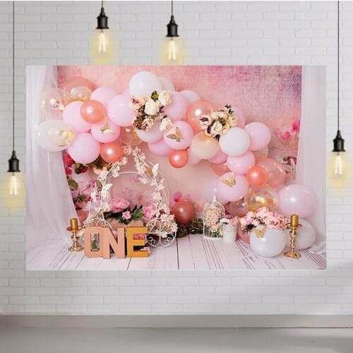Sweet One Pink Birthday Backdrops for Baby Girl Kids Gold Pink Balloon 1st Bday Backgrounds Photo Studio Decoration Banner Props