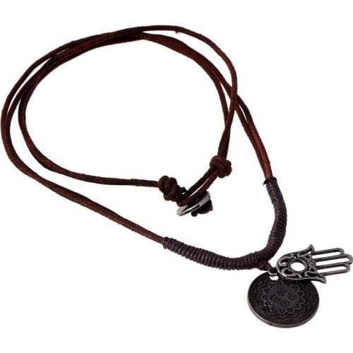 Fashion Vintage Women Men Necklace Chain Alloy Hamasa Hand Pendant Punk Rock Long Leather Charm Choker Retro Unisex Jewelry Gift