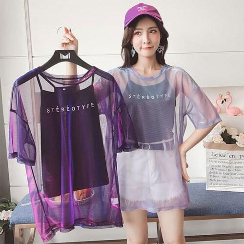 Fashion Hollow Out Two set T Shirt Women Sexy Transparent Summer Tops Ladies Short Sleeve Loose T-Shirts Women Tee Shirt S-L