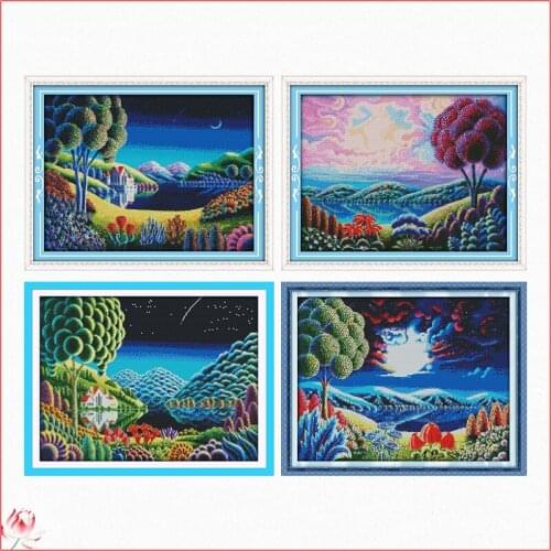 Joy Sunday Fantastic Scenery Counted Cross Stitch Kits Printed Canvas Embroidery Needlework Sets 11CT 14CT DIY Needlework Crafts