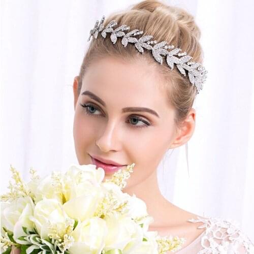 OKILY Luxury Alloy Leaf Rhinestone Wedding Headbands Hair Accessories for Bridal Crystal Wedding Banquet Headpiece Jewellry