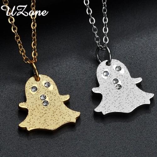 UZone Stainless Steel Cute Matte Ghost Pendant Stainless Steel Crystal Necklace For Women Halloween Gifts