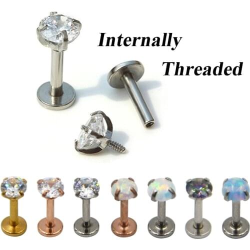 PAIR Prong SettingCZ Gem Opal Labret Ring Ear Tragus Cartilage Stud Helix Piercing Earring Lip Stud with Internally Thread 16g