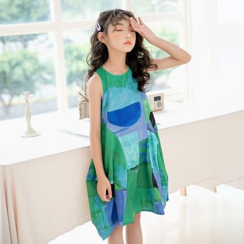 Girls Sleeveless Dresses Summer Kids Cotton Green Printed Dress for Big girl Clothes fashion Children costume5 8 10 12 14 16Year