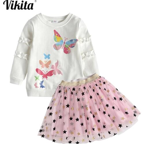 VIKITA Autumn Spring 2 pcs Sets for Kids Children Toddlers Baby Girls Clothes Sets Cotton Tops + Skirts Outfit Clothing Sets