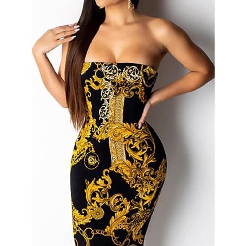 Explosion models 2019 sexy fashion gold chain print sleeveless word collar backless dress