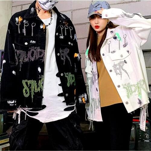 Korea Fashion Jacket Women Clothes New Tide Harajuku Streetwear Denim Jacket Casual Loose Chain Jean Jacket Women Coat SL532