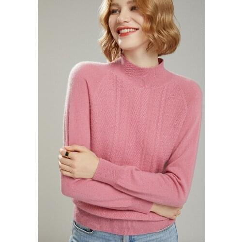 2021 woman winter 100% Cashmere sweaters knitted Pullovers jumper Warm Female Mock Neck blouse blue long sleeve clothing