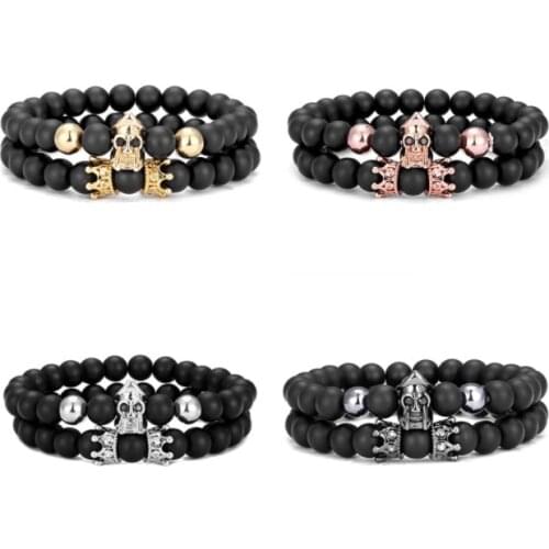 2pcs/lot 8mm skull crown gold silver copper cz zircon cubic zirconia beads bohemian Bracelet elastic Stone Bangles her2s