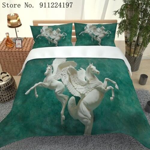 3D Printed Sculpture Horse Bedding Set Dark Green Duvet Cover Set Queen King Size 2/3pcs Luxury Bedclothes Microfiber Bed Linen
