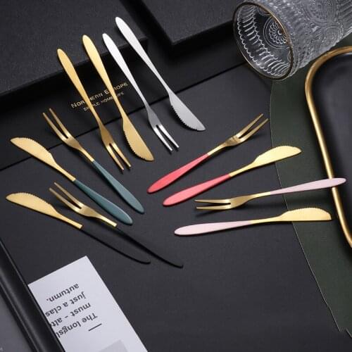 5pcs Stainless Steel Fruit Fork Set Tableware Dessert Cake Two Tooth Fork Moon Cake Knife Fashion Gift Set