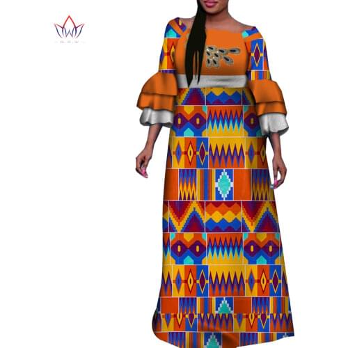 African Women Dress Wedding Party Dress Ruffle Sleeve African Clothing Lace Print Long Dress Bridesmaid African Dress WY7514