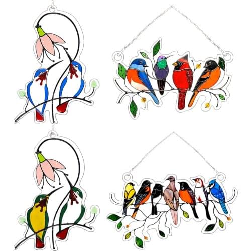Acrylic Multicolor Birds On A Wire High Stained Glass Window Panel Home Living Room Accessories Garden Decoration